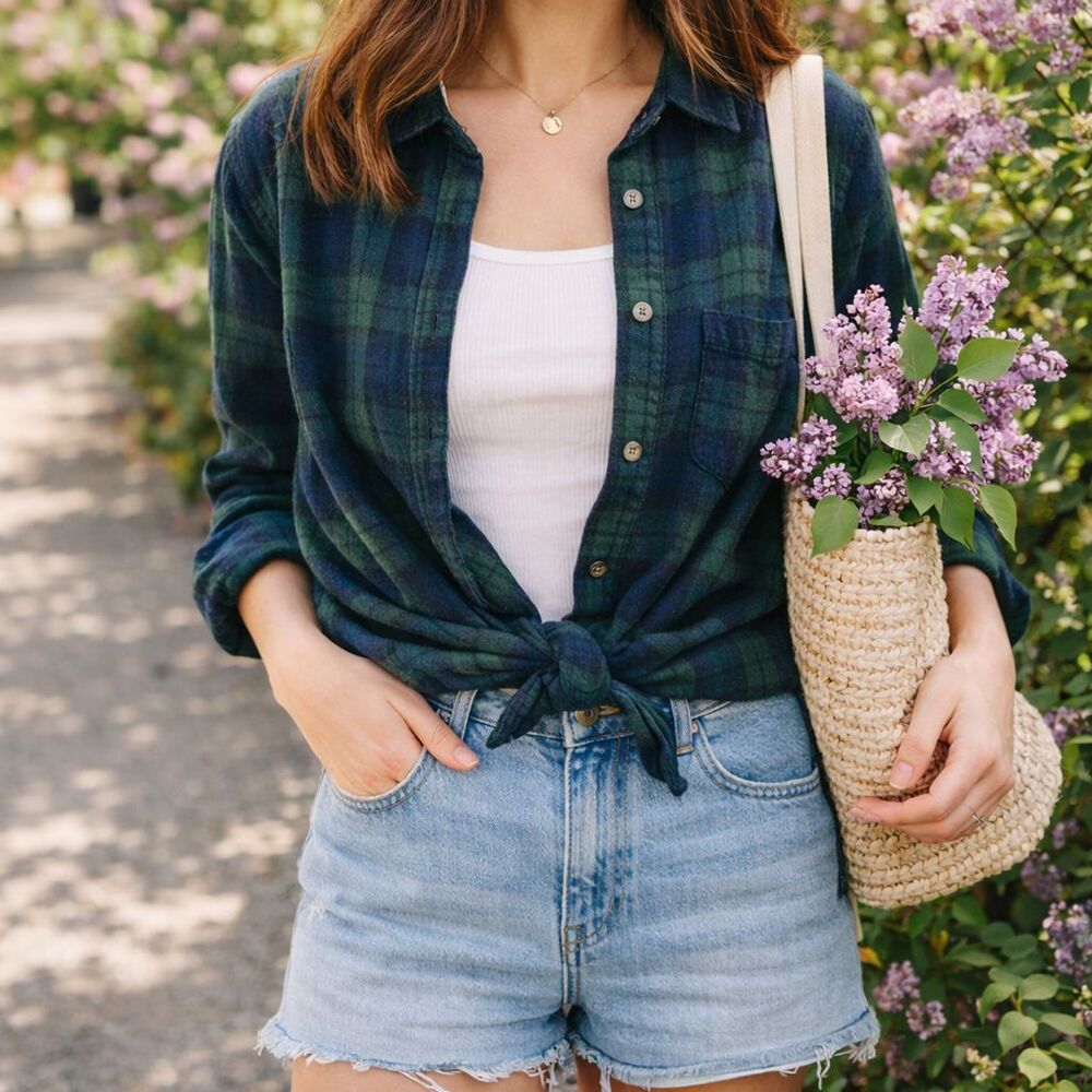 LL Bean Relaxed Fit Flannel Shirt "Black Watch" Tartan Plaid Women's M Preppy